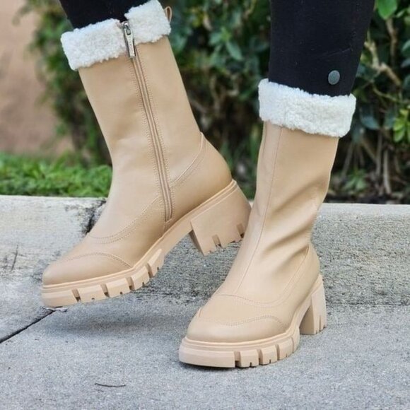 Women's Sherpa Faux Fur Ankle Boot Nude Color - Picture 2 of 5